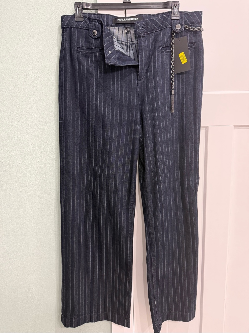 Karl Lagerfeld Navy Pinstripe Straight-Leg Trousers with Chain Detail